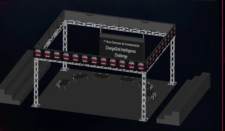 Projeto da Tech Arena: estrutura de treliças, telão do desafio, mesas das equipes no centro e arquibancadas dos lados